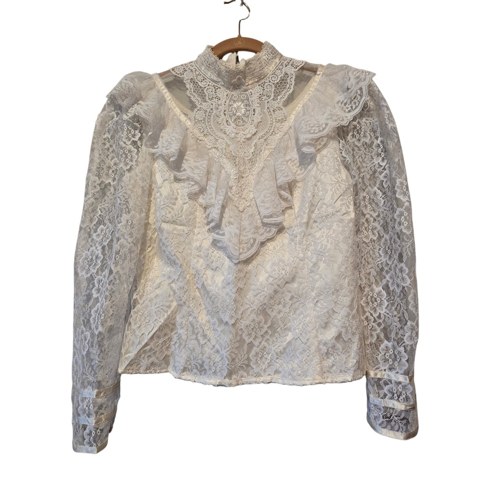 Vintage 70s Gunne Sax Lace Ruffle Blouse Top Womens 9 Ivory Victorian Gunnies